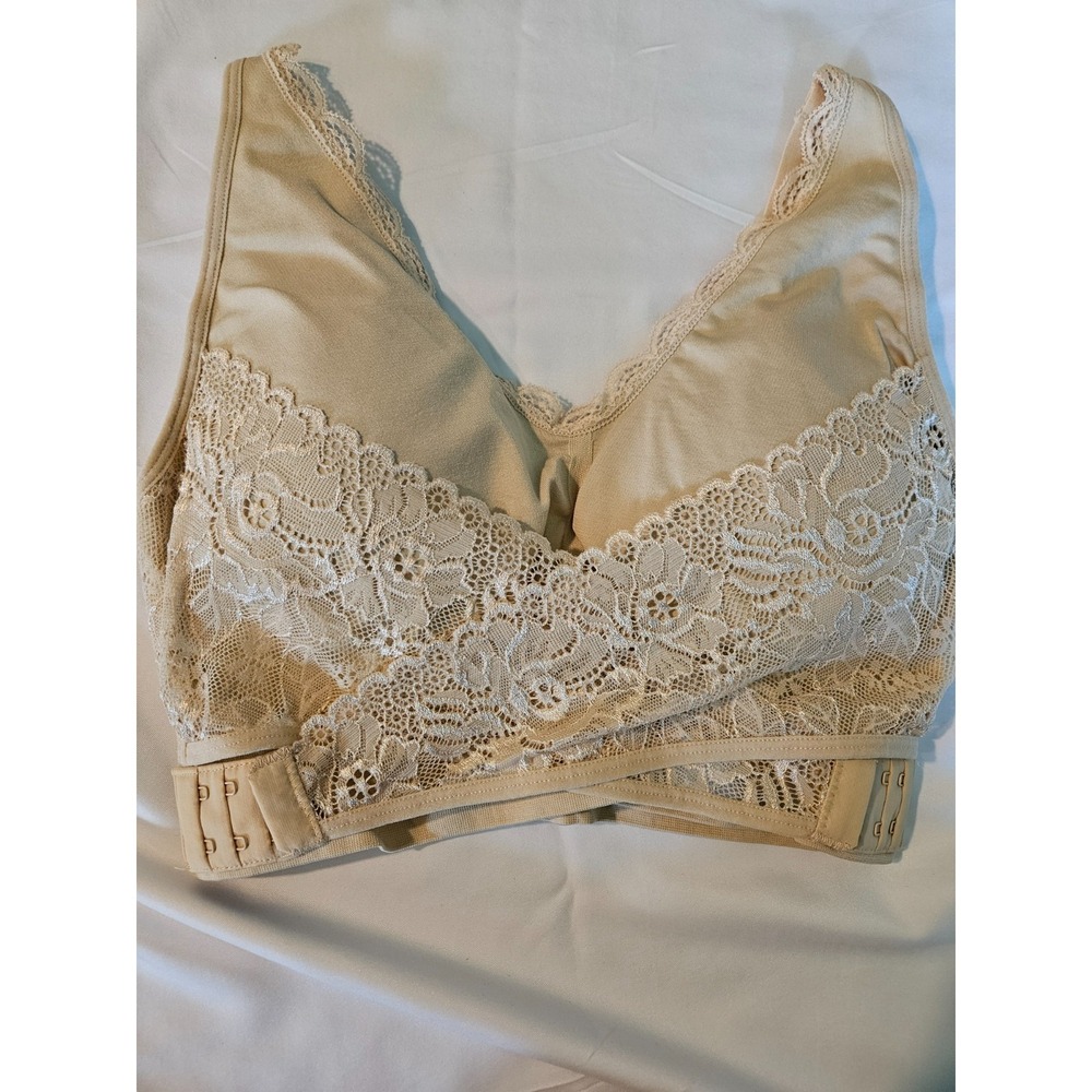 Cara Mia Womens Sz L Lace Front Beige T Shirt Bra Wrapped Front